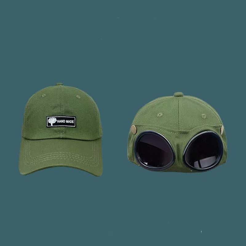 Retro Aviator Goggles Baseball Cap with Flip-Down Sunglasses, Regular & Cat Ear Styles