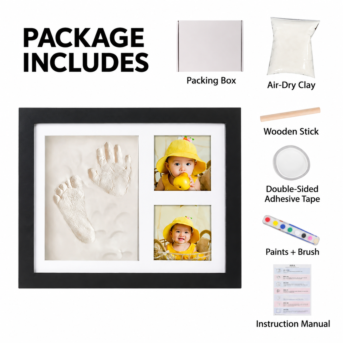 DIY Baby Handprint & Footprint Keepsake Frame Kit with Air-Dry Clay, 2 Photo Openings, Paint Set & Display Stand for Newborn, Pet Paw Prints & Family Gifts