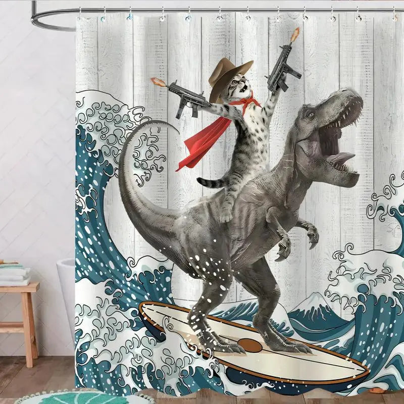 Dinosaur and Cat Pattern Removable Shower Curtain, Waterproof Bathroom Curtain with 12 Hooks