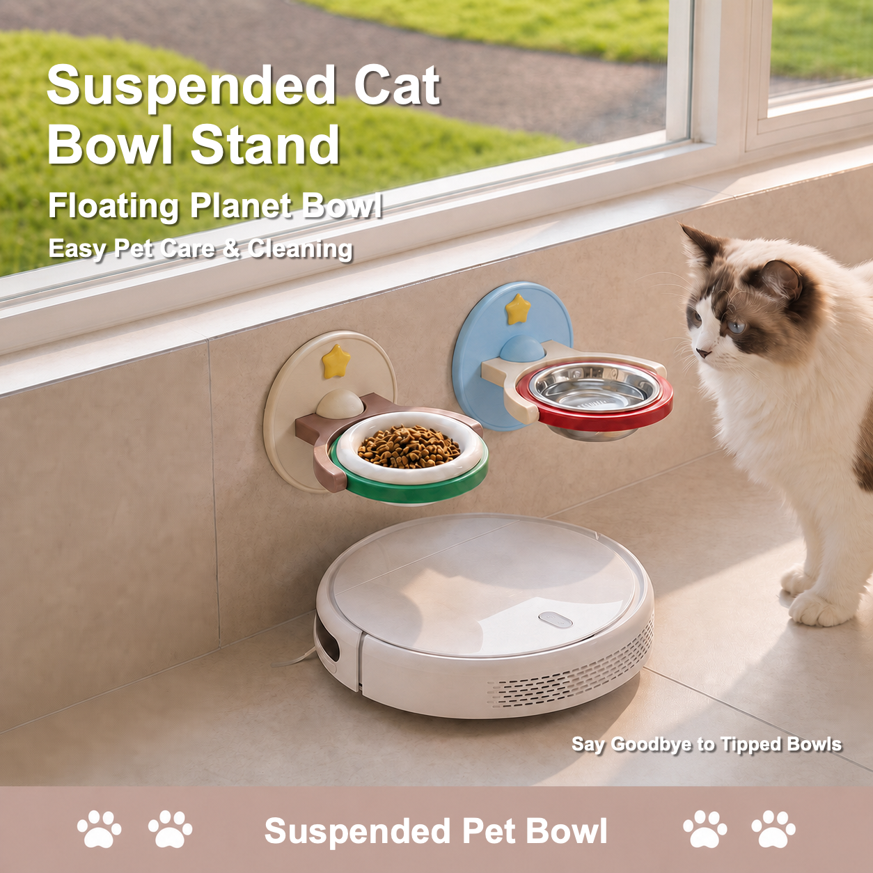 2-in-1 Wall-Mounted & Freestanding Cat Bowl Stand – Foldable Pet Feeder with Removable Bowl, Suction Mount & 19 cm Anti-Tip Base
