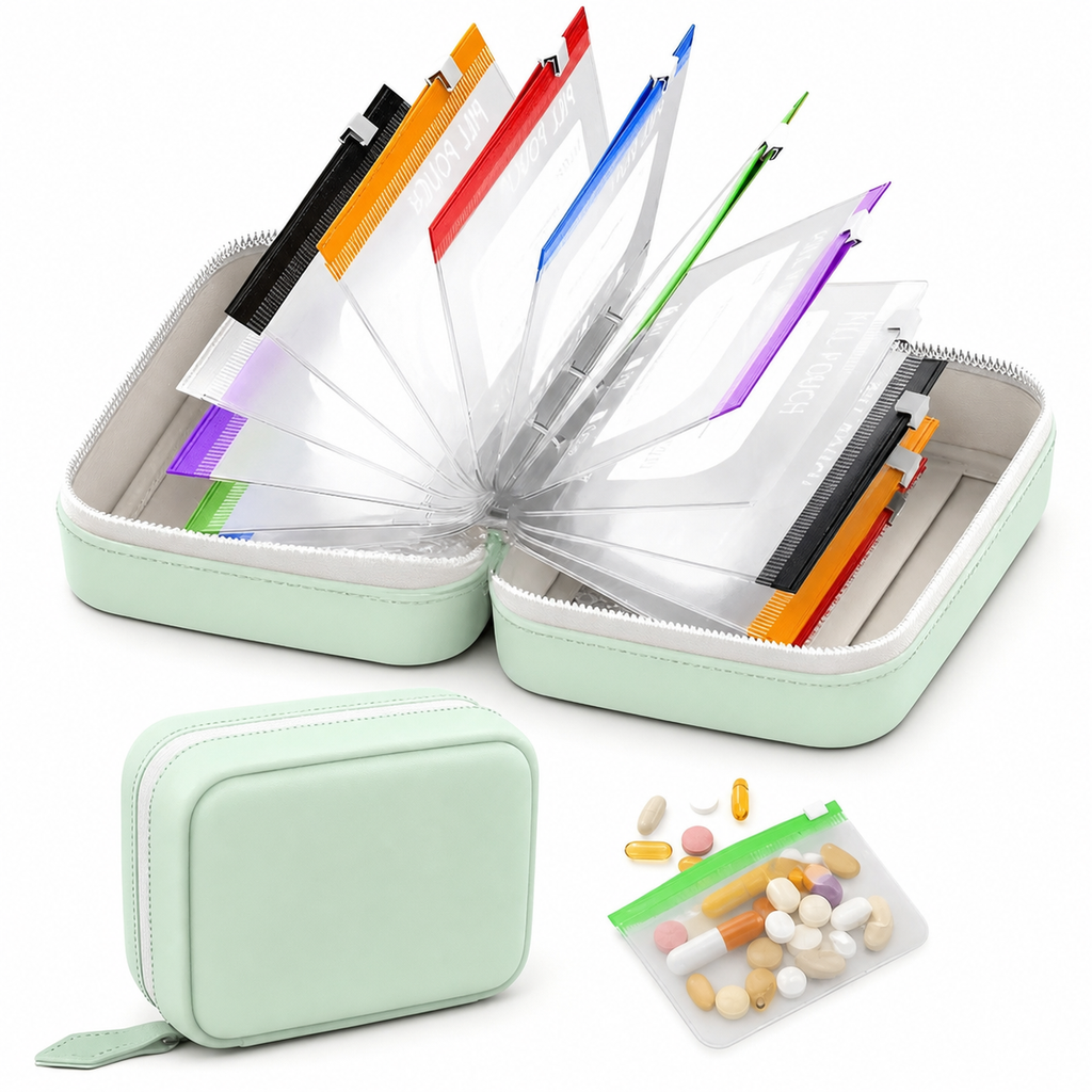 14-Piece Travel Pill Organizer, Reusable Waterproof Medication & Supplement Pouches with Labels, 2-Week Daily Pill Storage