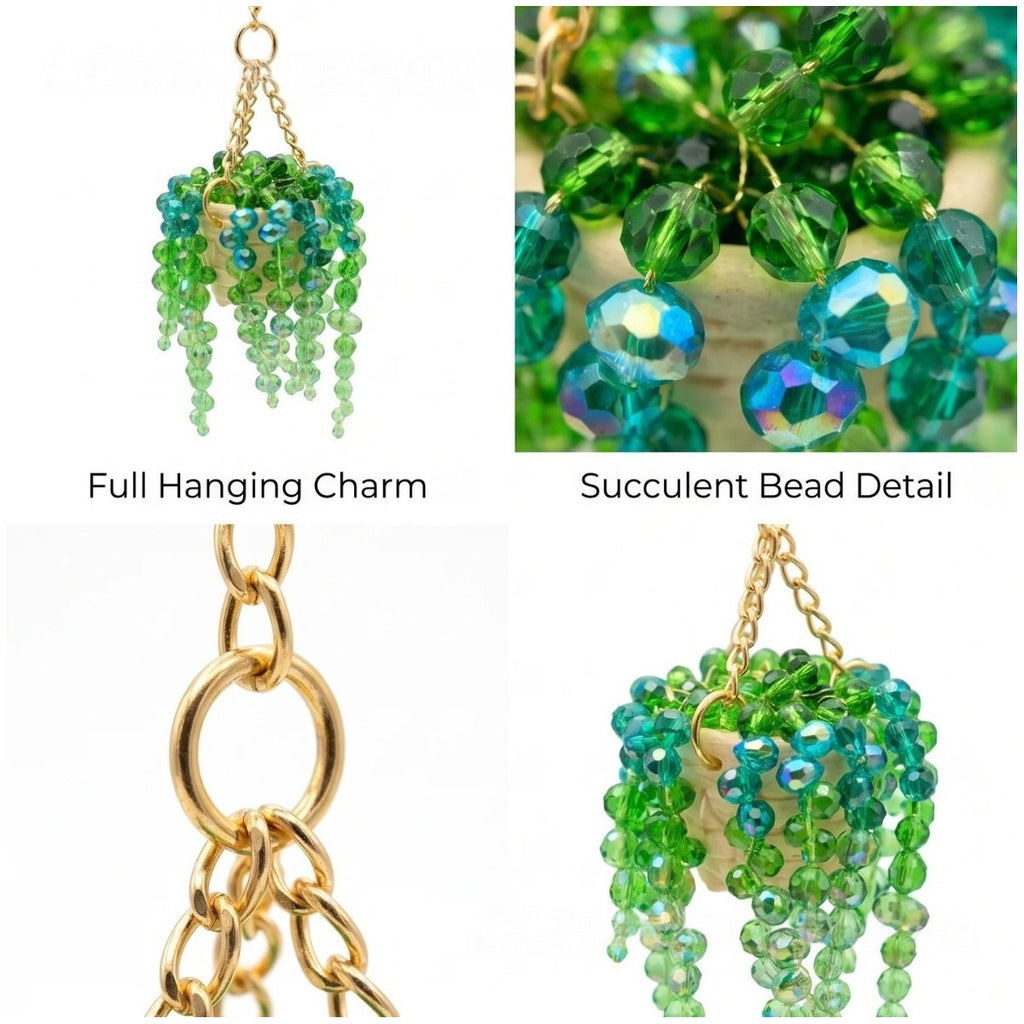 Succulent bead hanging car charm detail collage