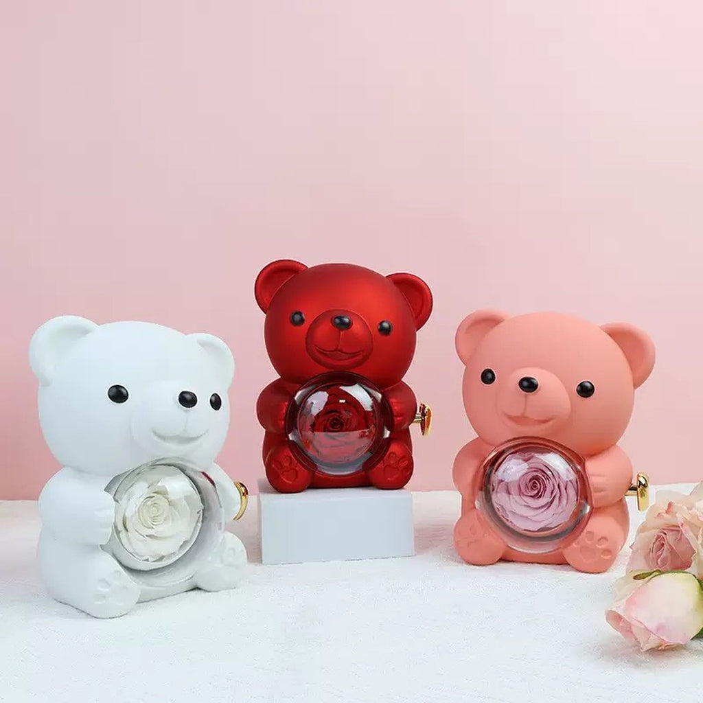 Hug bear preserved rose jewelry box shown in white, red, and pink
