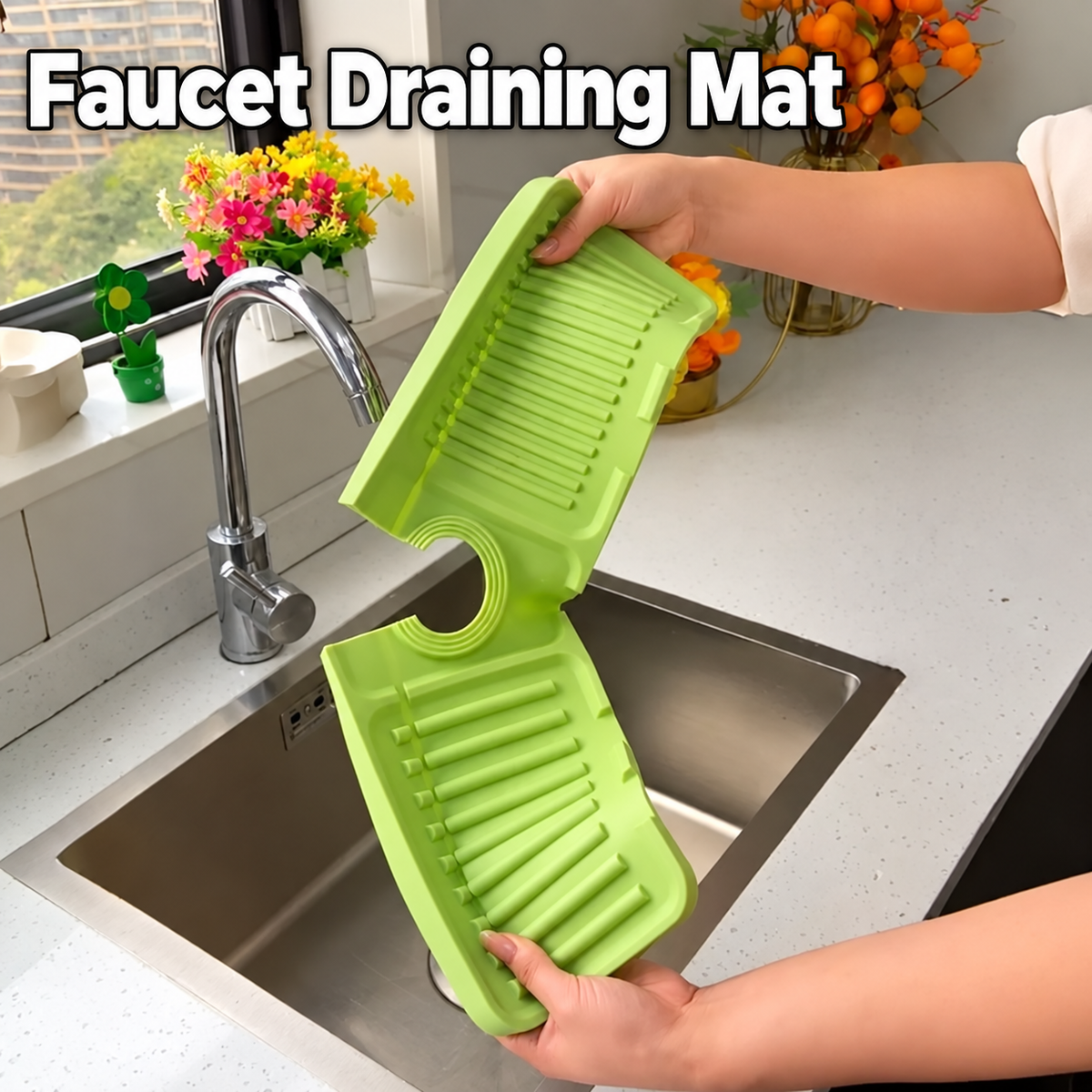 Foldable Silicone Faucet Splash Guard & Draining Mat – 12.6 × 4.3 in Sink Organizer