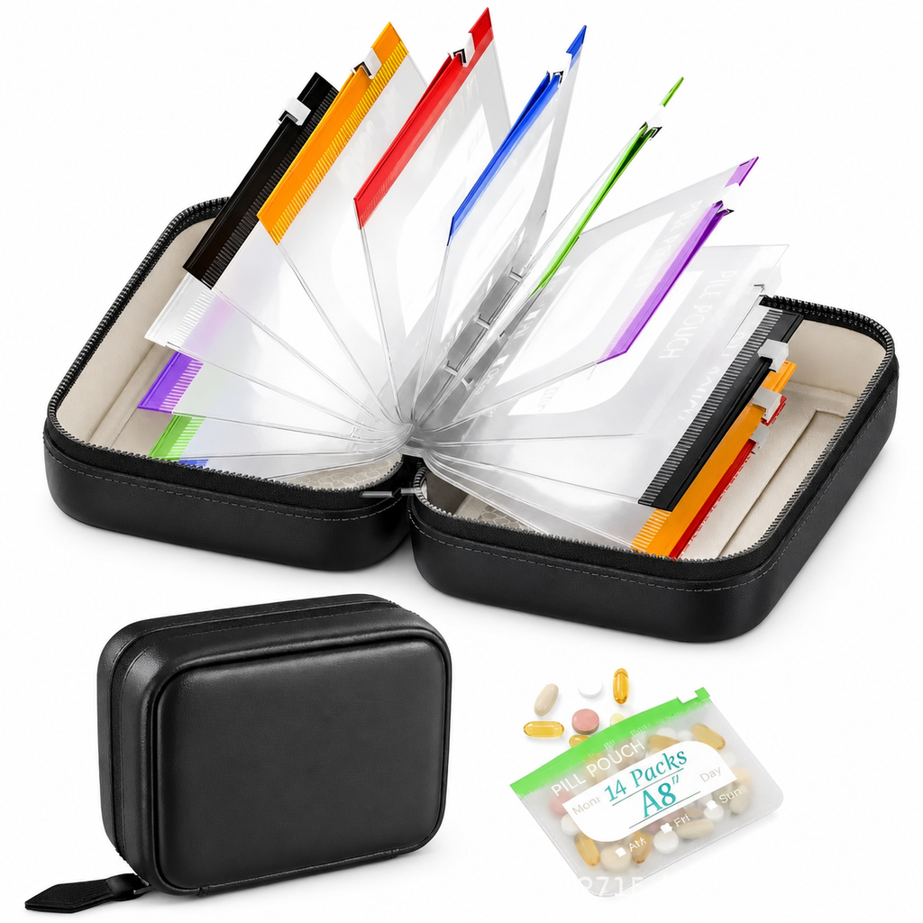 14-Piece Travel Pill Organizer, Reusable Waterproof Medication & Supplement Pouches with Labels, 2-Week Daily Pill Storage