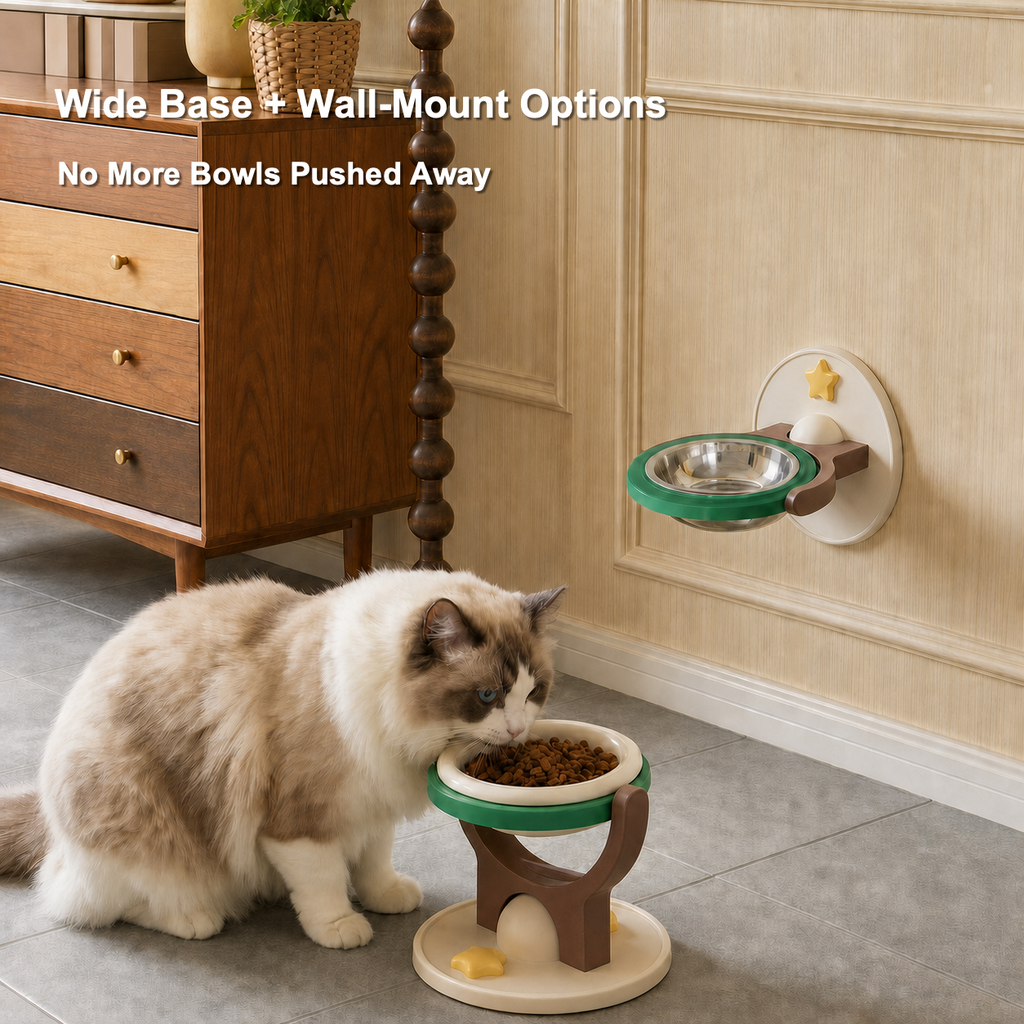2-in-1 Wall-Mounted & Freestanding Cat Bowl Stand – Foldable Pet Feeder with Removable Bowl, Suction Mount & 19 cm Anti-Tip Base