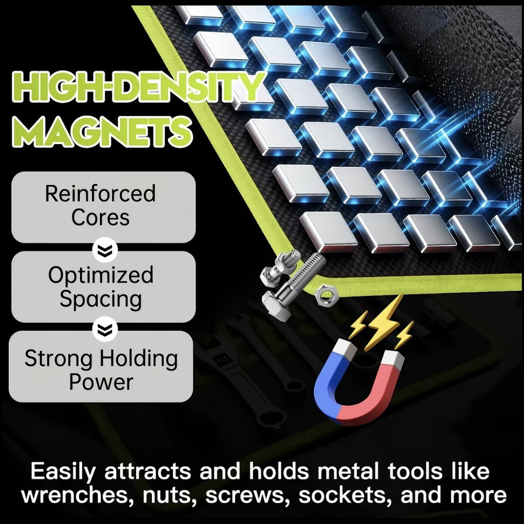Flexible magnetic tool mat holding tools and hardware