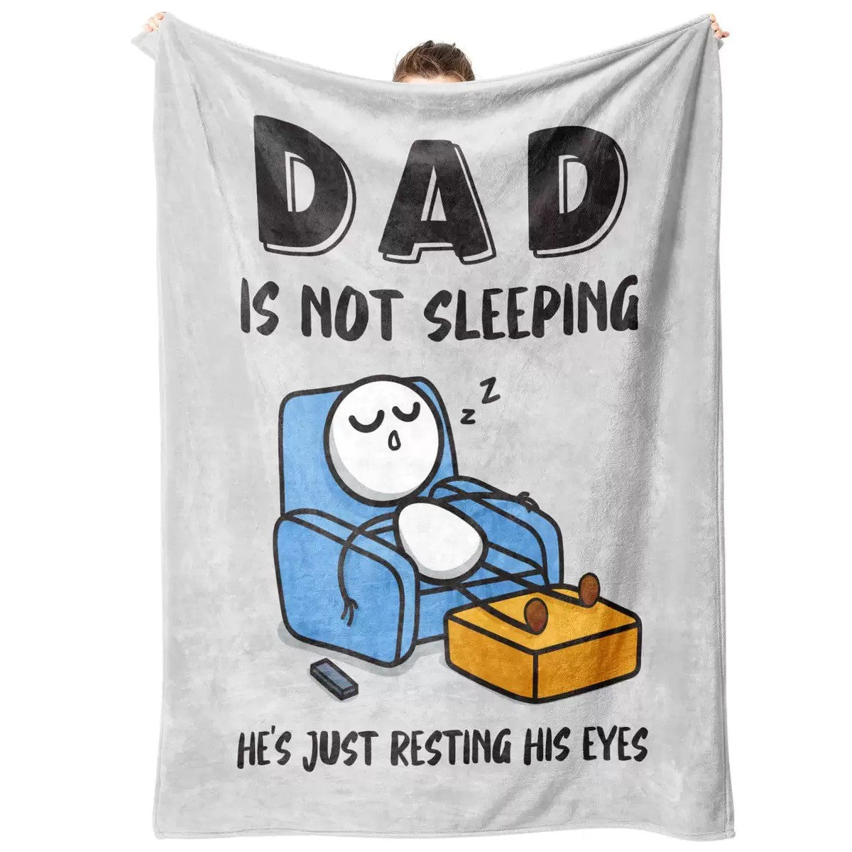 Gray Dad resting eyes blanket held up