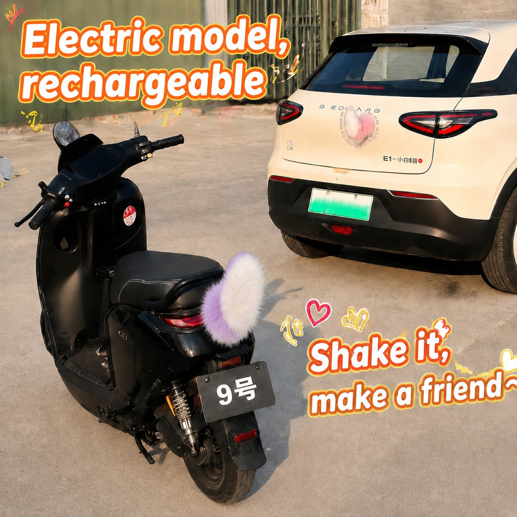 Rechargeable electric fluffy tail shown on e-scooter and car