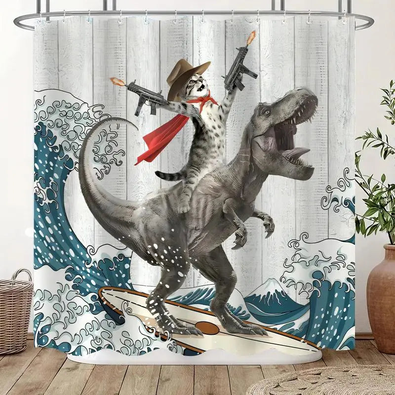 Dinosaur and Cat Pattern Removable Shower Curtain, Waterproof Bathroom Curtain with 12 Hooks