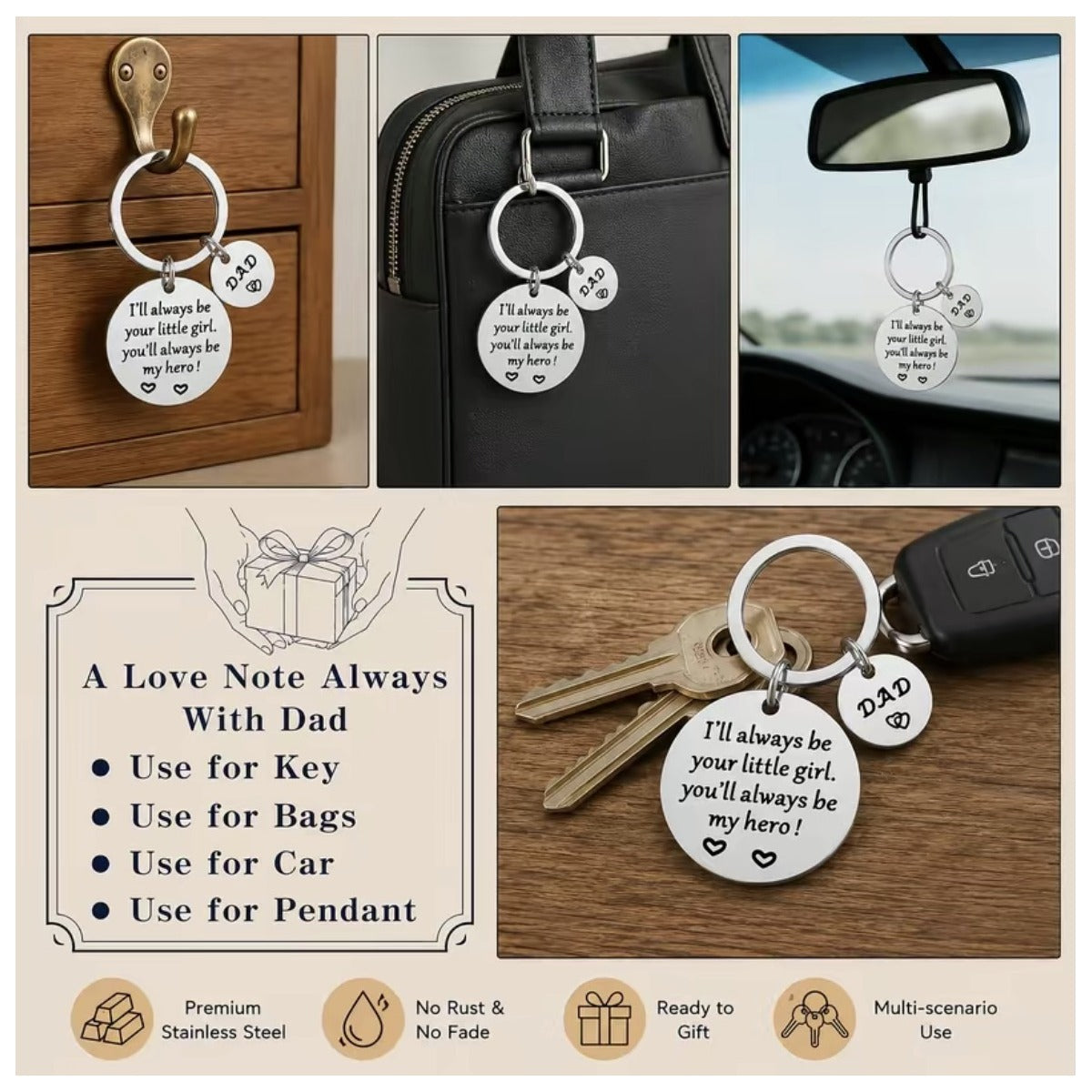 Father's Day Dad keychain shown on keys, bag, car mirror, and hanging scenes