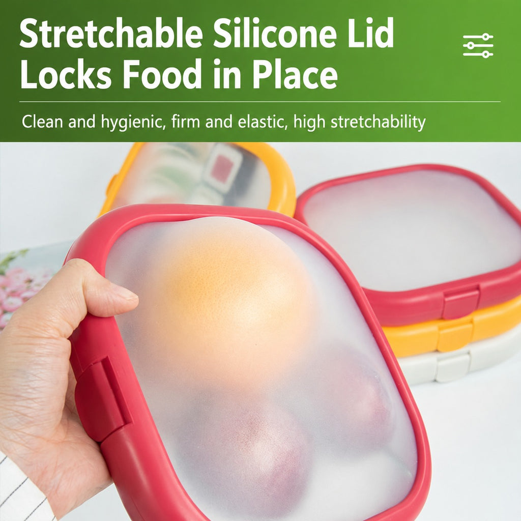 Stretchable silicone lid locks food in place