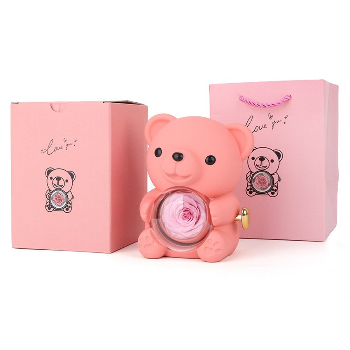 Pink hug bear preserved rose jewelry box with matching gift box and gift bag