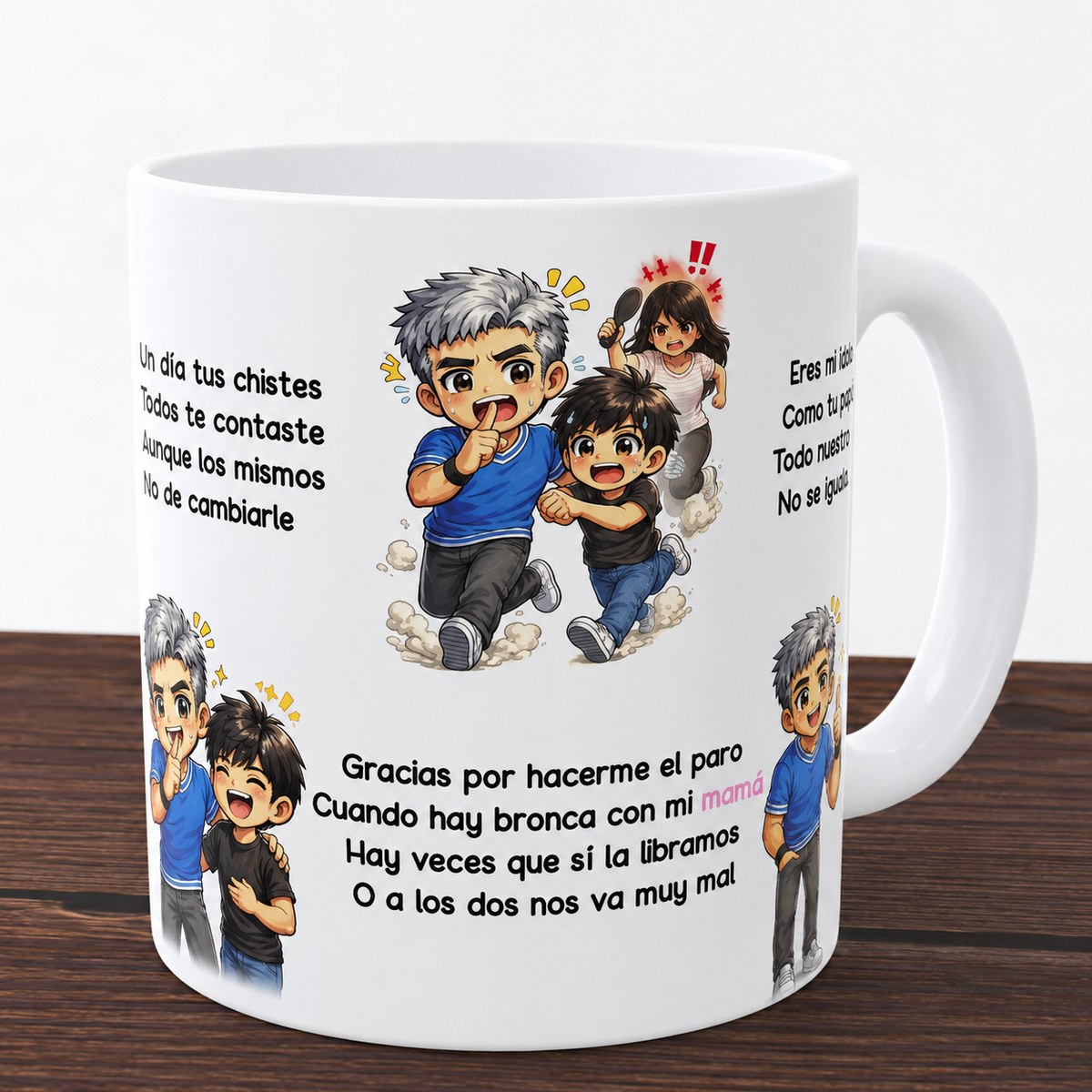 Spanish Papa mug with cartoon family chase illustration