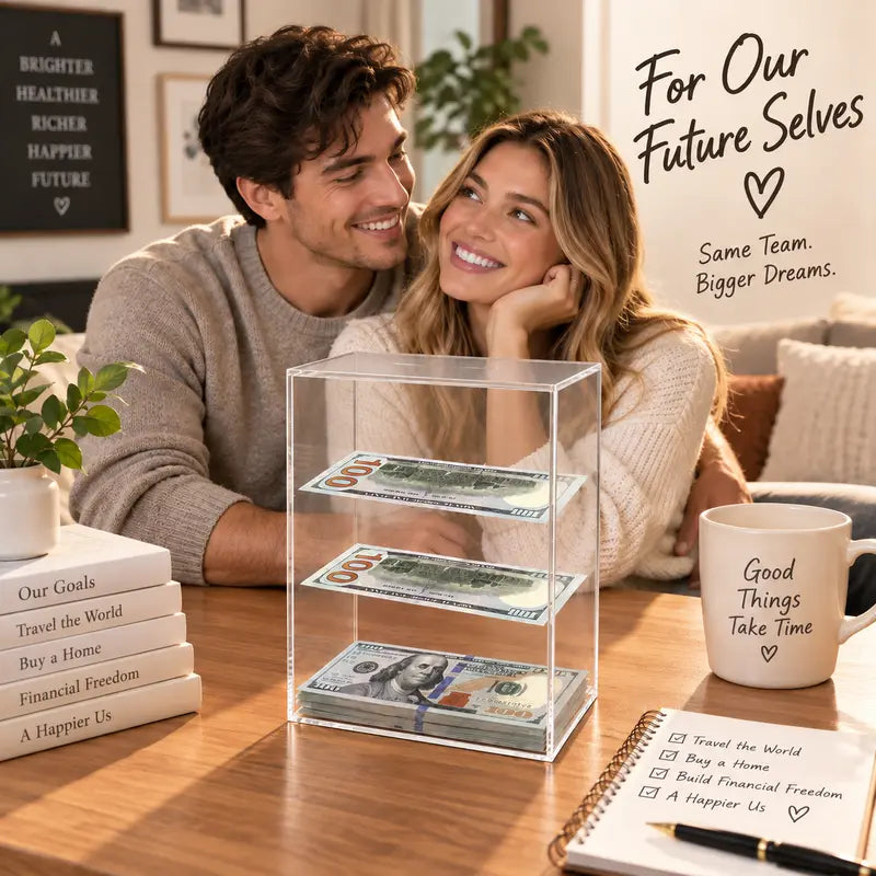 Floating savings box — holds over 1,800 bills, acrylic savings challenge box, goal tracker, satisfying floating effect, great as a gift
