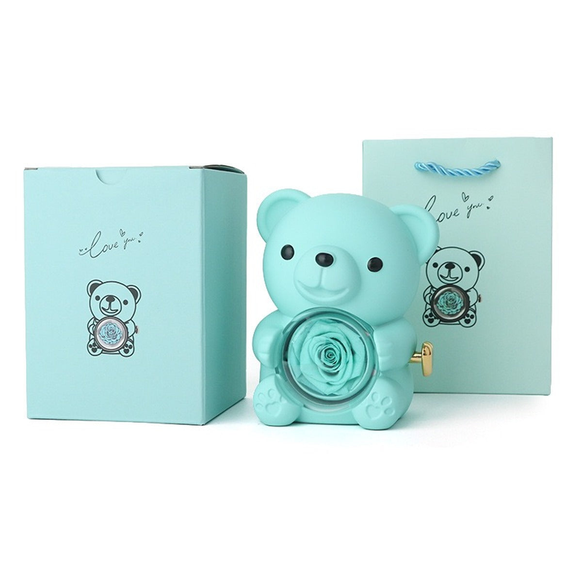 Aqua hug bear preserved rose jewelry box with matching gift box and gift bag