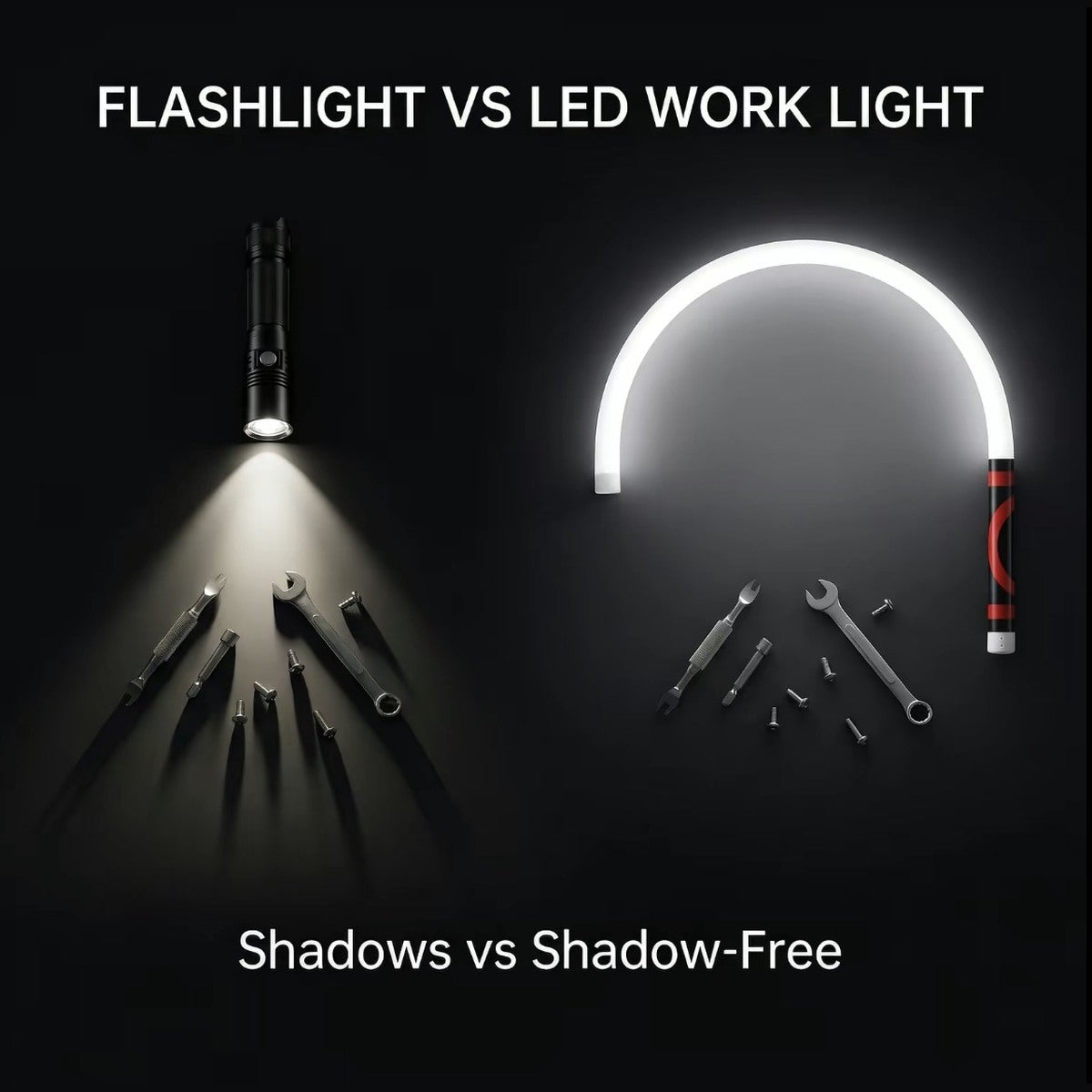 Bendable LED work light shadow-free comparison
