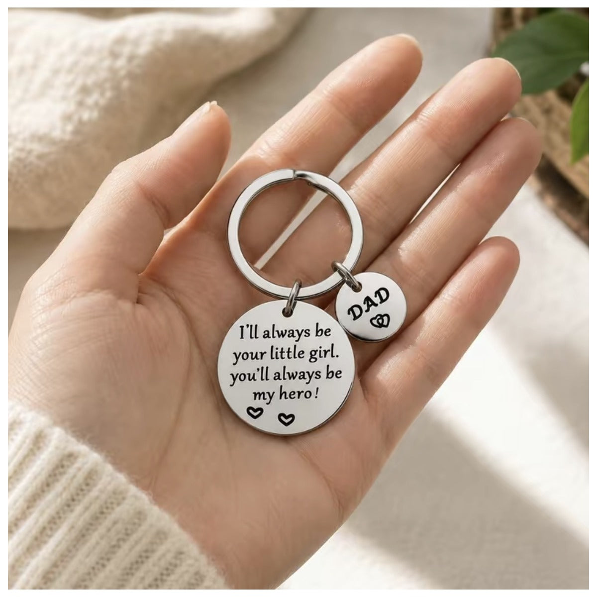 Father's Day Dad keychain held in hand with DAD heart charm