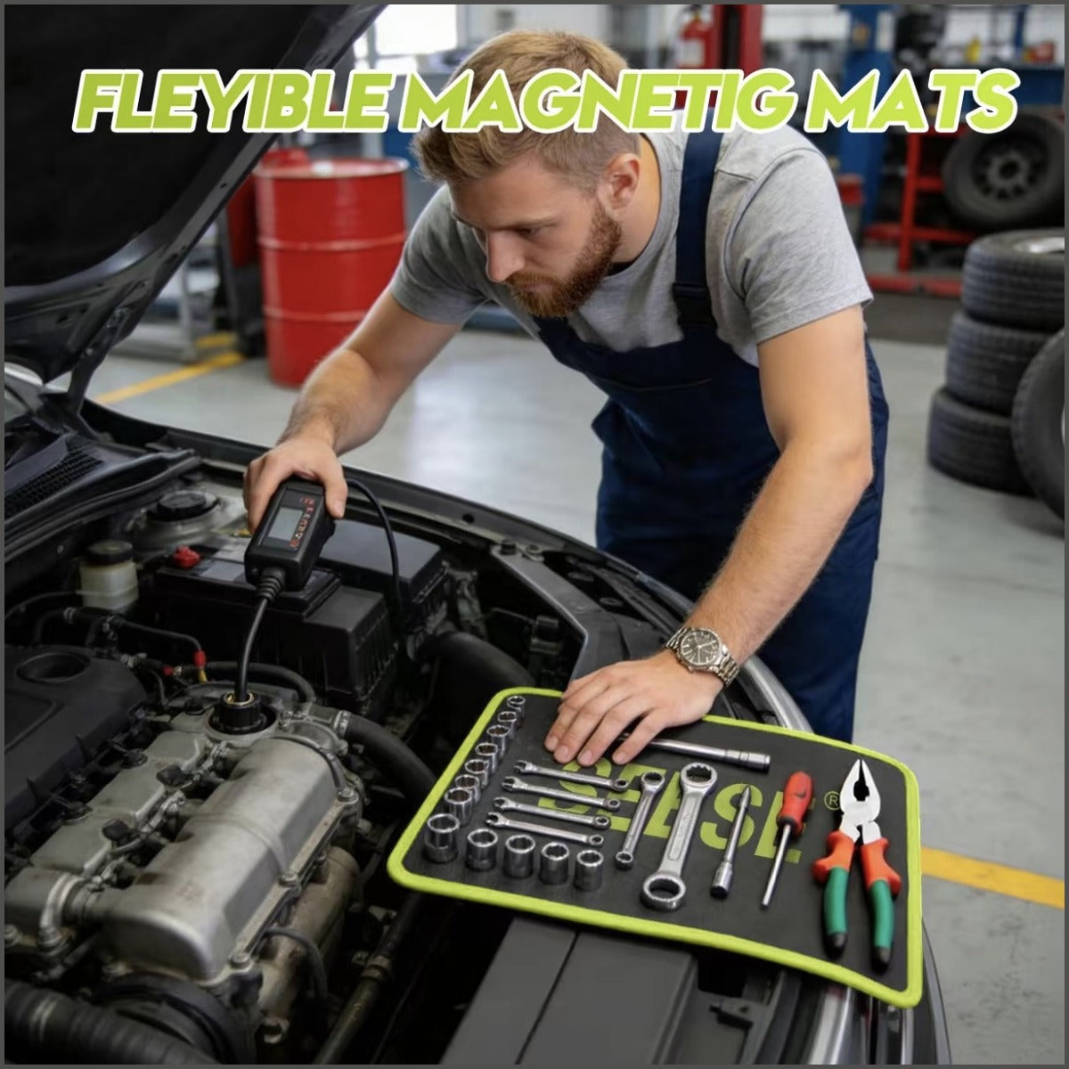 Bendable magnetic tool mat use detail