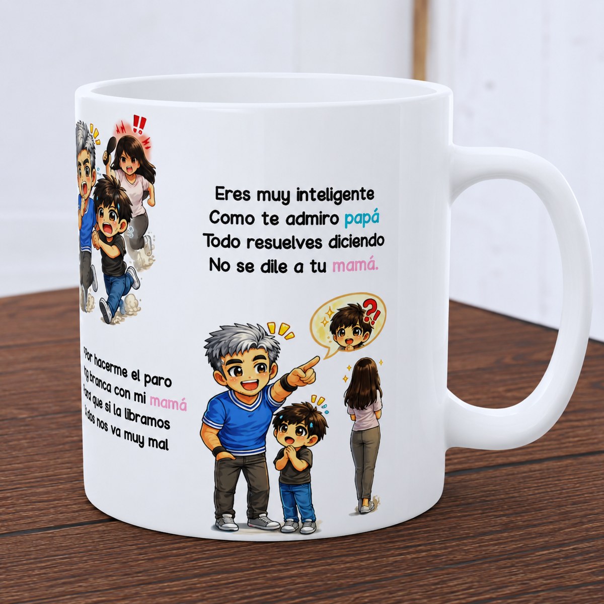 Spanish Papa mug with admiration text and family cartoon scene