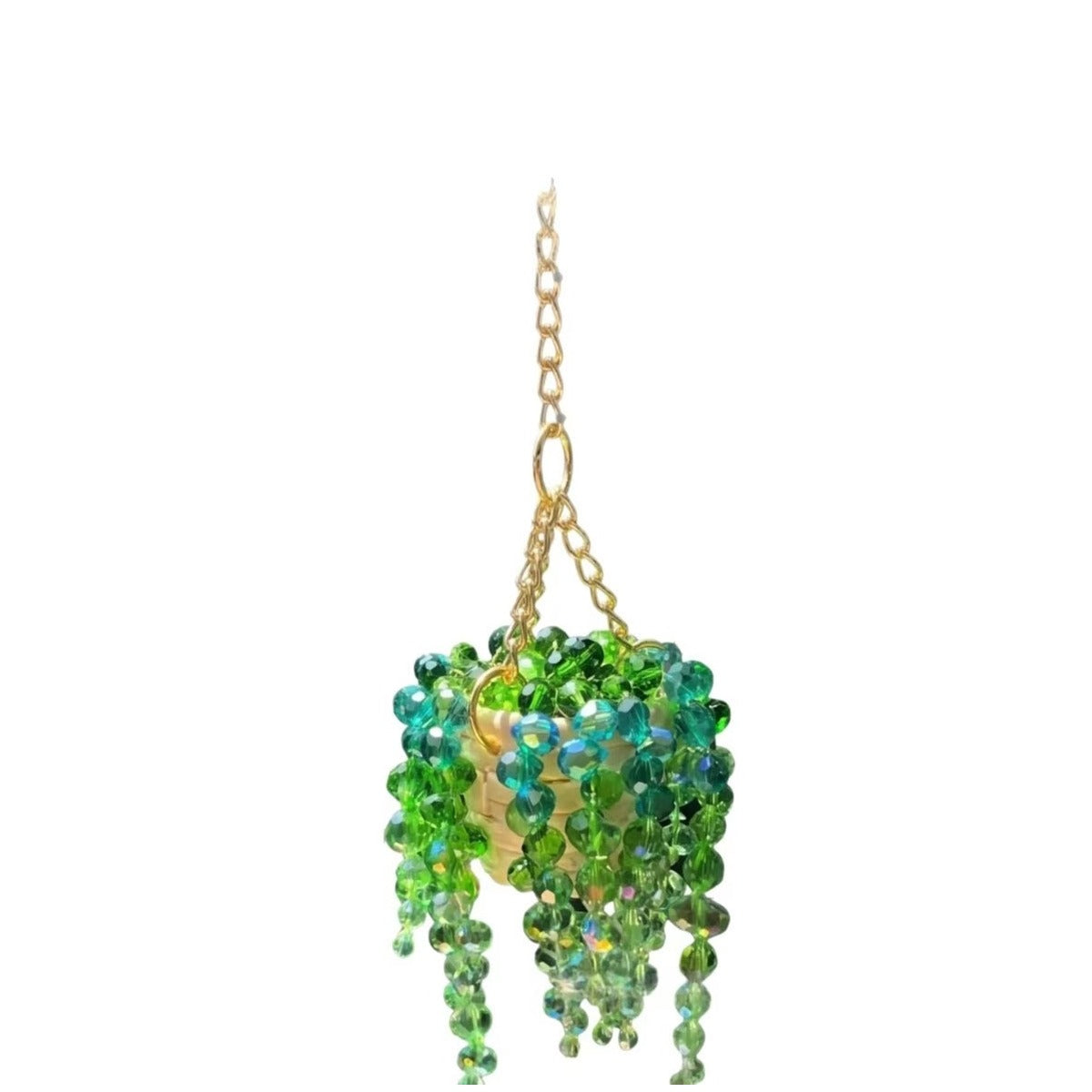 Close view of green and blue succulent bead hanging charm