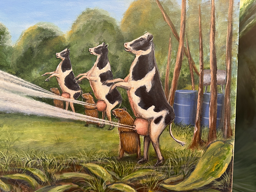 Capybara milking cows defend from hippo fart  ,”Hippo fart embellished canvas print.