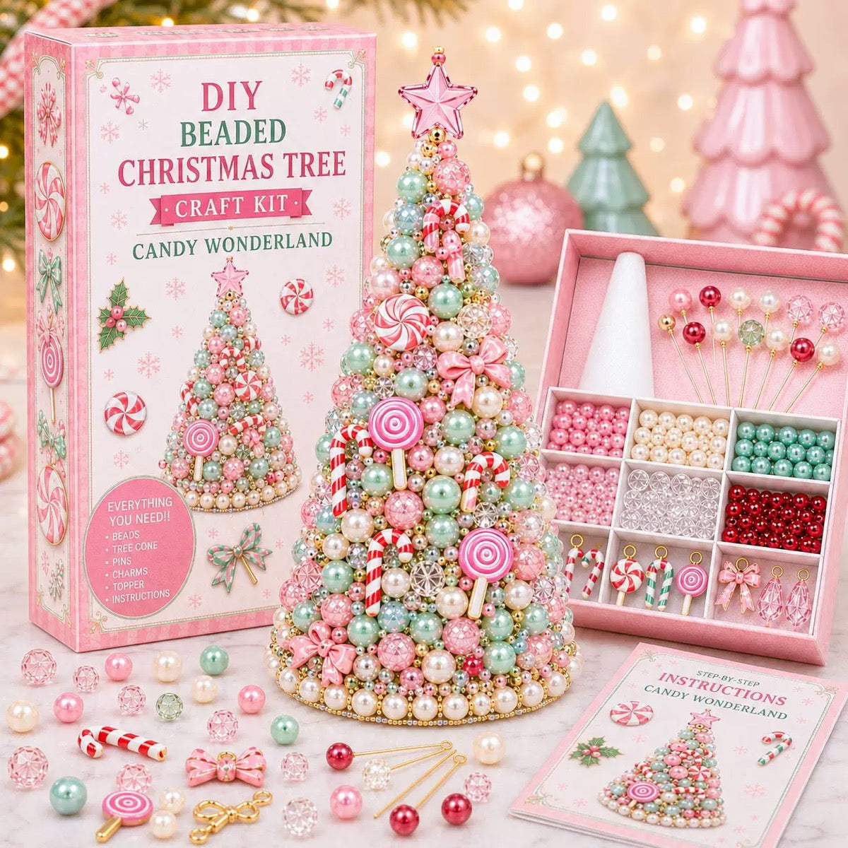Jeweled Christmas Tree DIY Christmas Craft Christmas Decorations Beaded Christmas Tree 7.48IN All In One Handmade Christmas Table Decor Kit