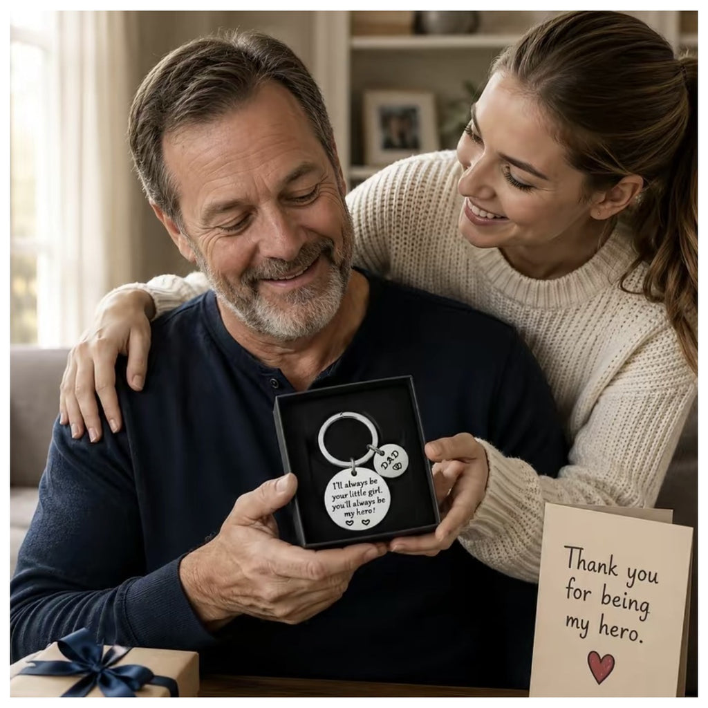 Daughter giving Father's Day Dad keychain gift scene