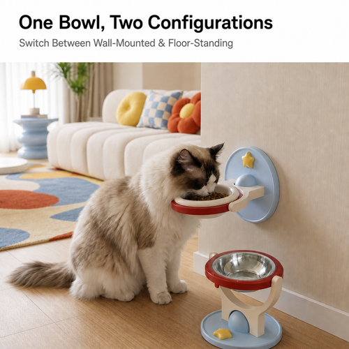 2-in-1 Wall-Mounted & Freestanding Cat Bowl Stand – Foldable Pet Feeder with Removable Bowl, Suction Mount & 19 cm Anti-Tip Base