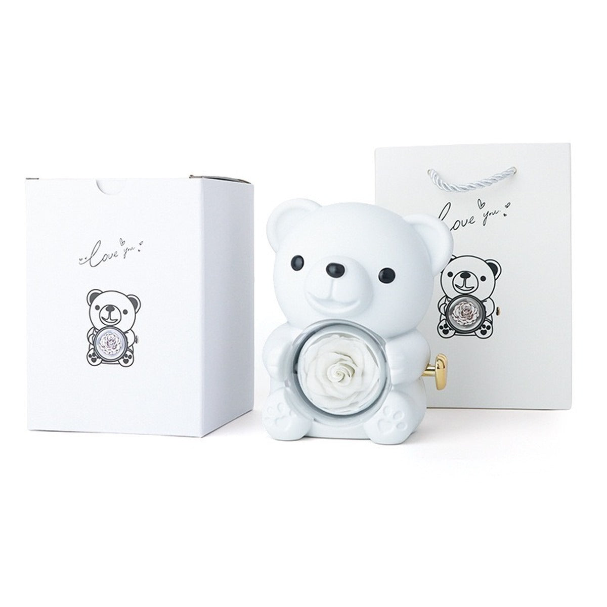 White hug bear preserved rose jewelry box with matching gift box and gift bag