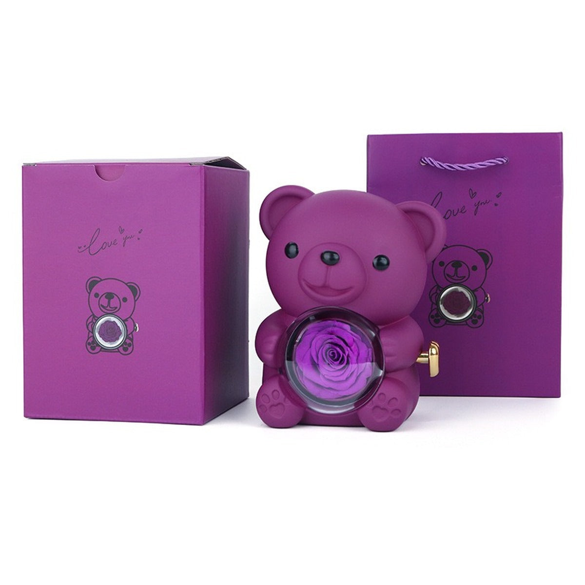 Purple hug bear preserved rose jewelry box with matching gift box and gift bag