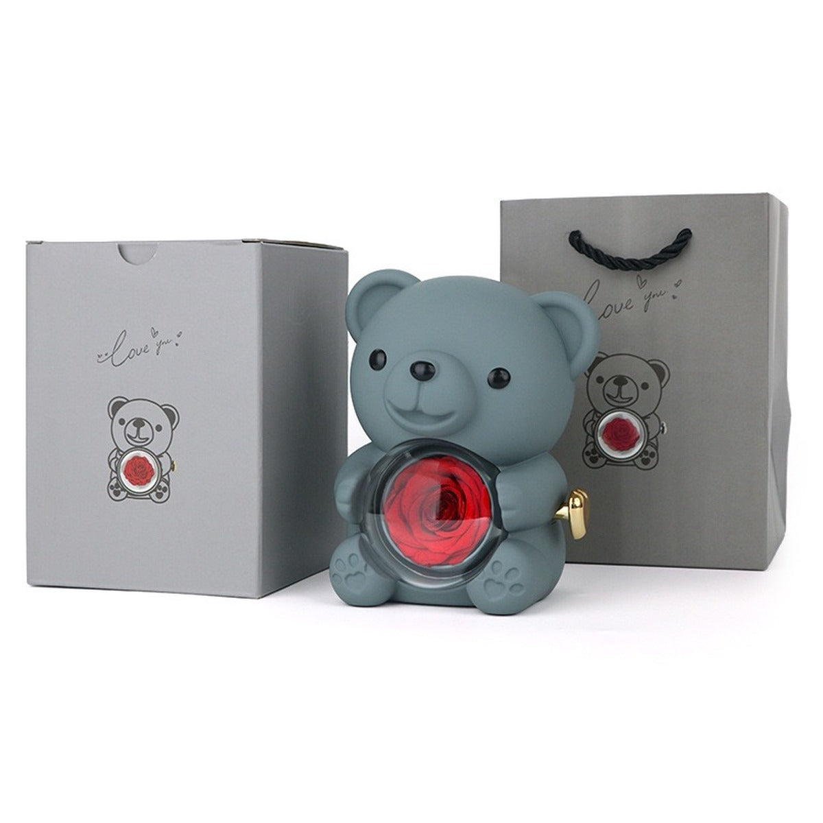 Gray hug bear preserved rose jewelry box with matching gift box and gift bag