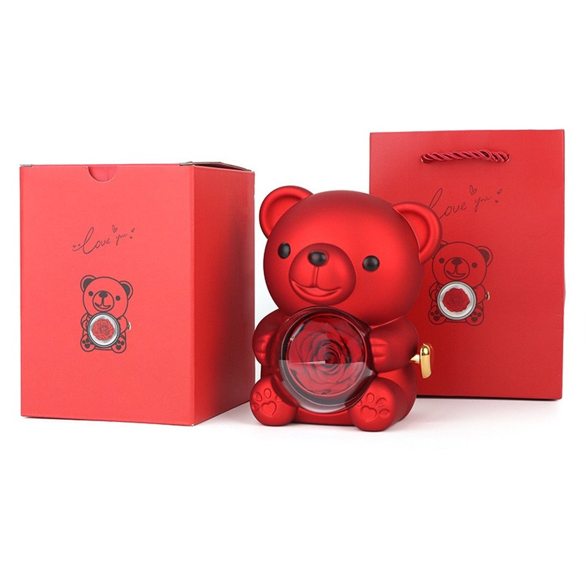 Red hug bear preserved rose jewelry box with matching gift box and gift bag