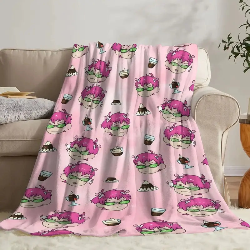 Pink-Haired Cartoon Character & Dessert Print Flannel Blanket – Soft Cozy Throw for Bed, Sofa & Gifts