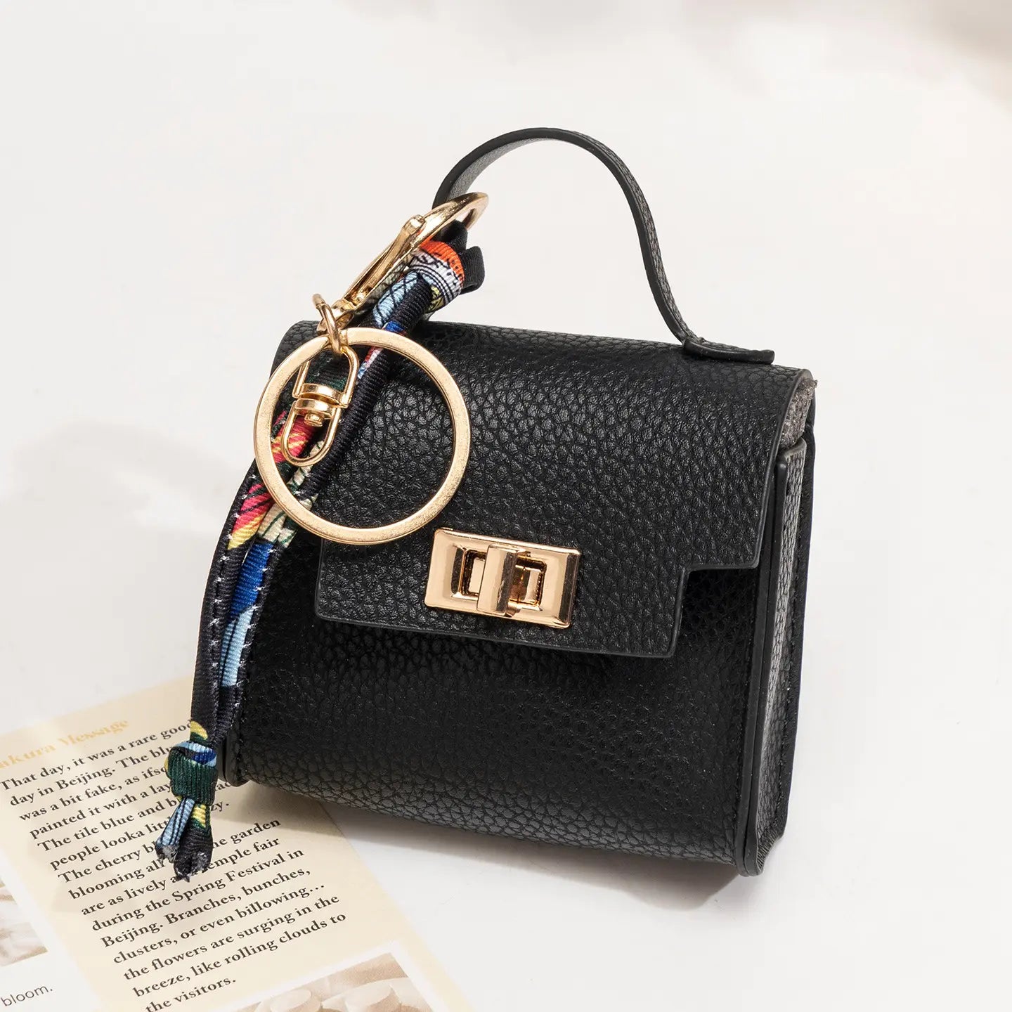 Mini Leather Bag Keychain with Colorful Strap