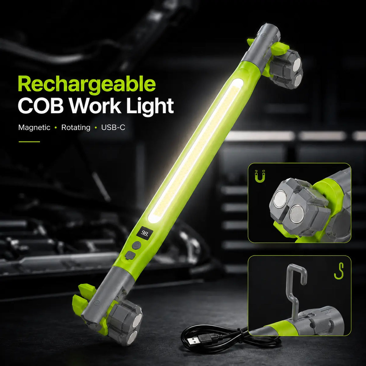 Rechargeable COB Work Light, USB-C Magnetic LED Inspection Light with Hook & Clamp, 360° Rotating Portable Mechanic Light for Car Repair, Emergency, Camping, Father’s Day Gifts for Men & Dad