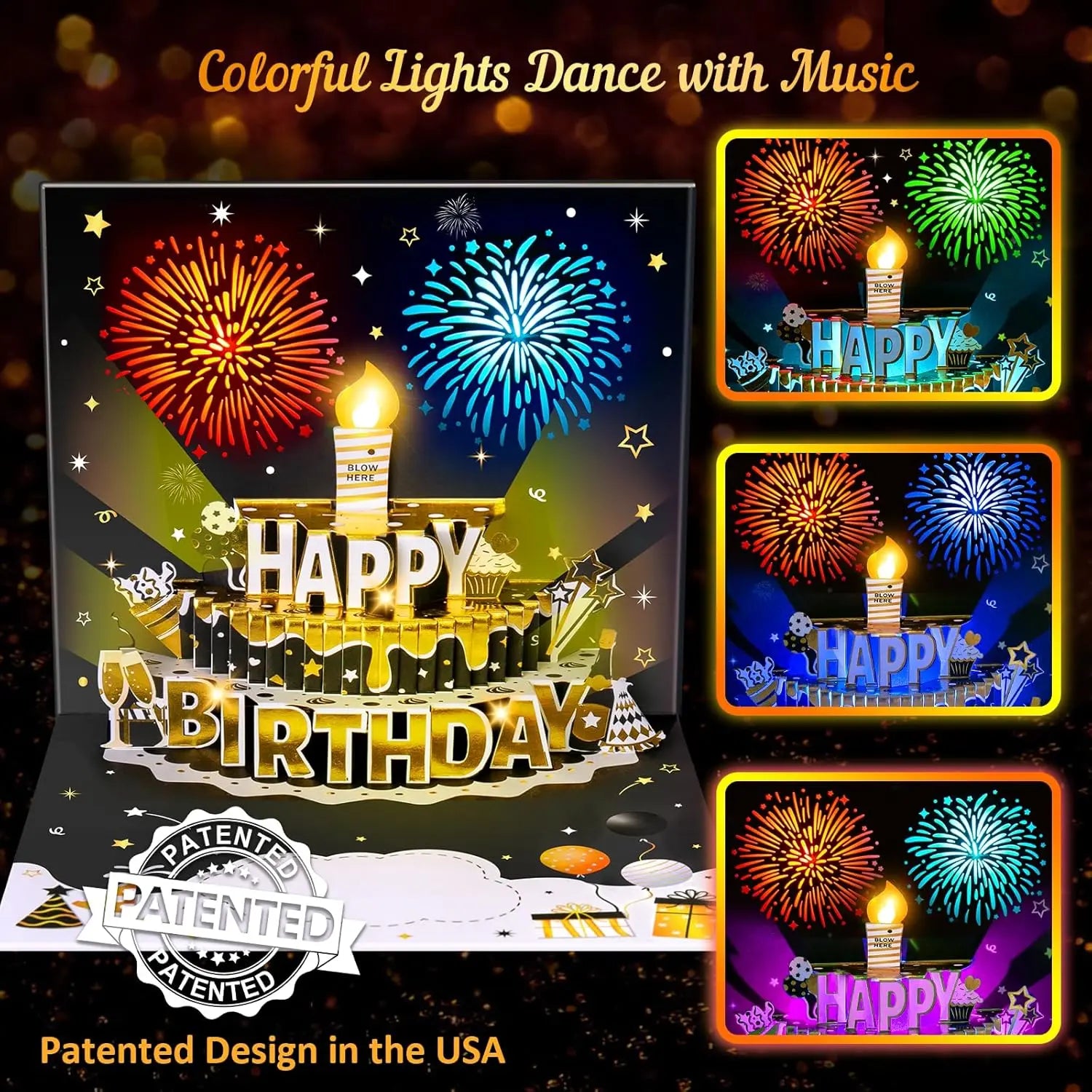 Interactive Birthday Pop-Up Card with 3D Cake, Fireworks, Lights & Music, Blow-Out LED Candle, DIY Age Numbers, Black and Gold Birthday Card for Men & Women