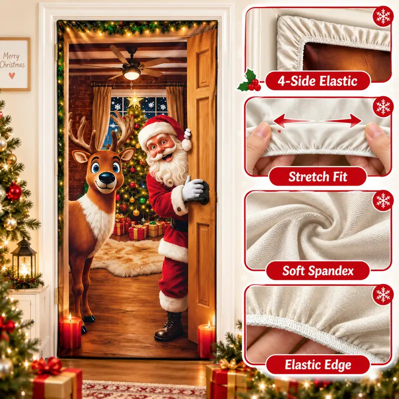 Christmas Door Cover - Santa & Reindeer Stretch Fabric Door Banner with 4-Side Elastic Edges, DIY Door Handle Cutout, Slip-On Front Door Holiday Decor