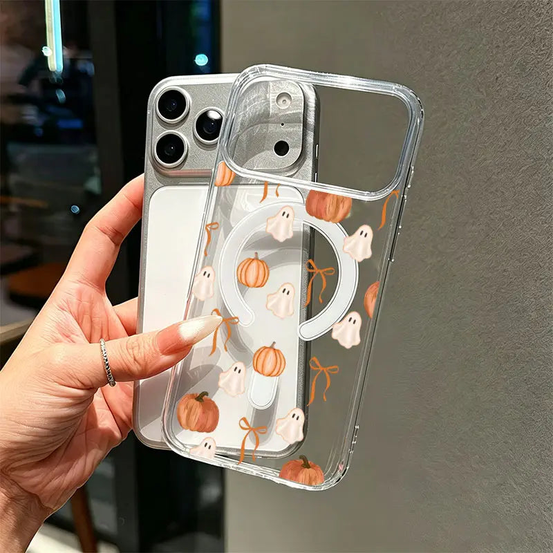 Ghost Pumpkin Orange Bow Watercolor Phone Case, Cute Fall Halloween Clear Case for iPhone 11–17, Pro, Pro Max, Plus & Air, Autumn Gift