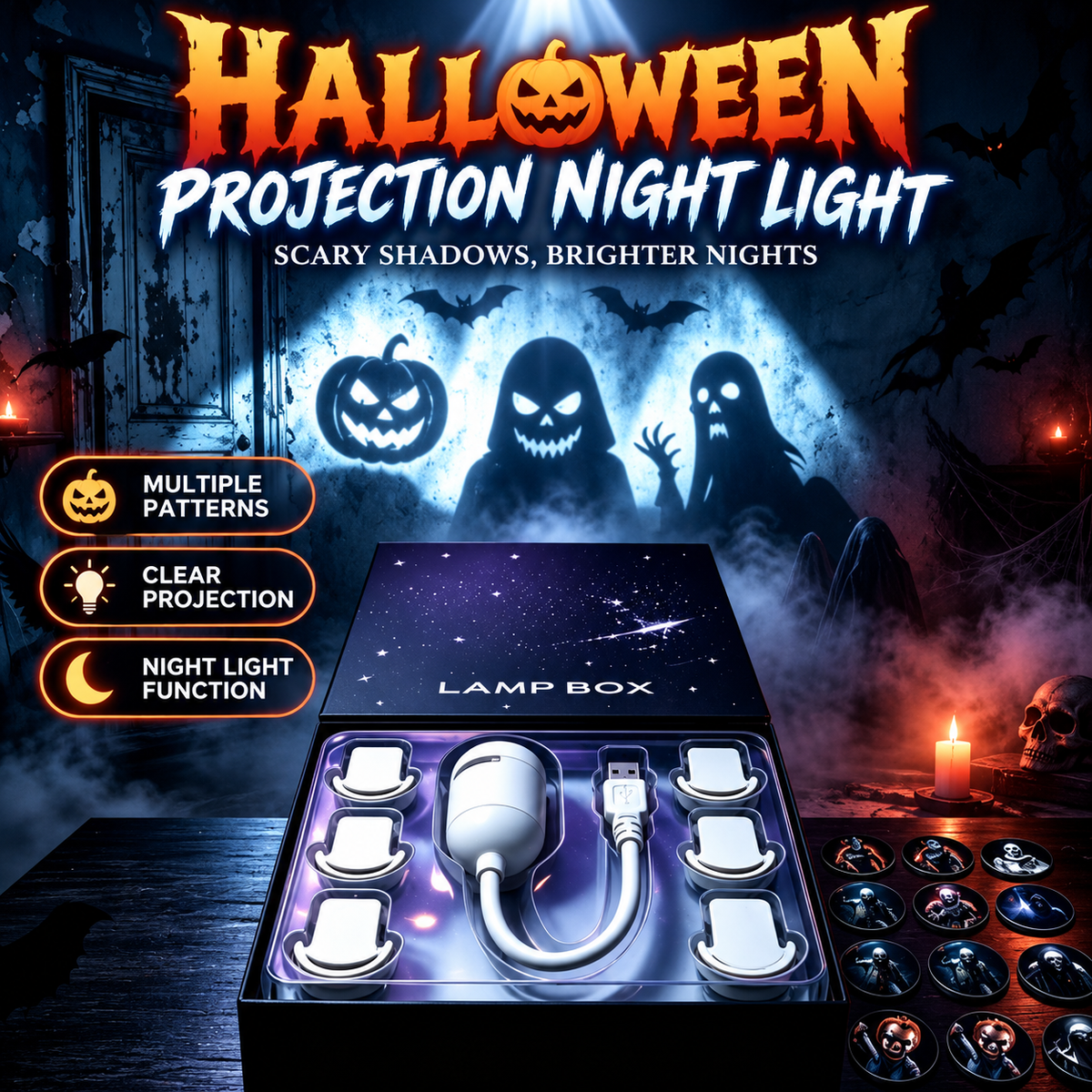 Halloween 2-in-1 Projection Night Light, 360° Adjustable USB Projector Lamp with Interchangeable Spooky Films, Touch Control for Bedroom, Party, Hallway & Parked Car Decor