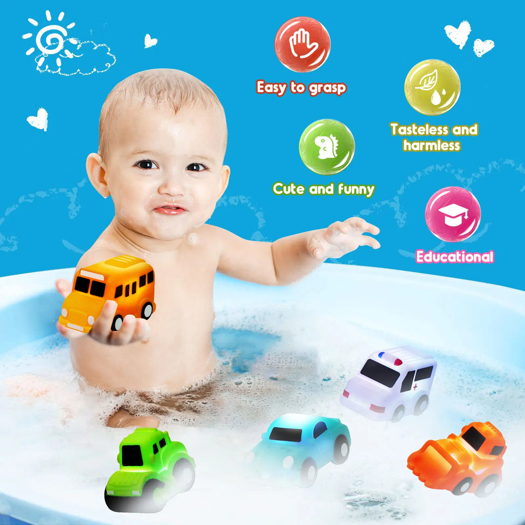 6PCS Bath Cars,Traffic Vehicles and Construction Vehicles, Light Up Bath Toy for Toddler,6 Pack Water Activated Flashing Colors Toys for Kids Bath Fun in the Tub,Bath Fun in Pool or Bathtub,On Beach