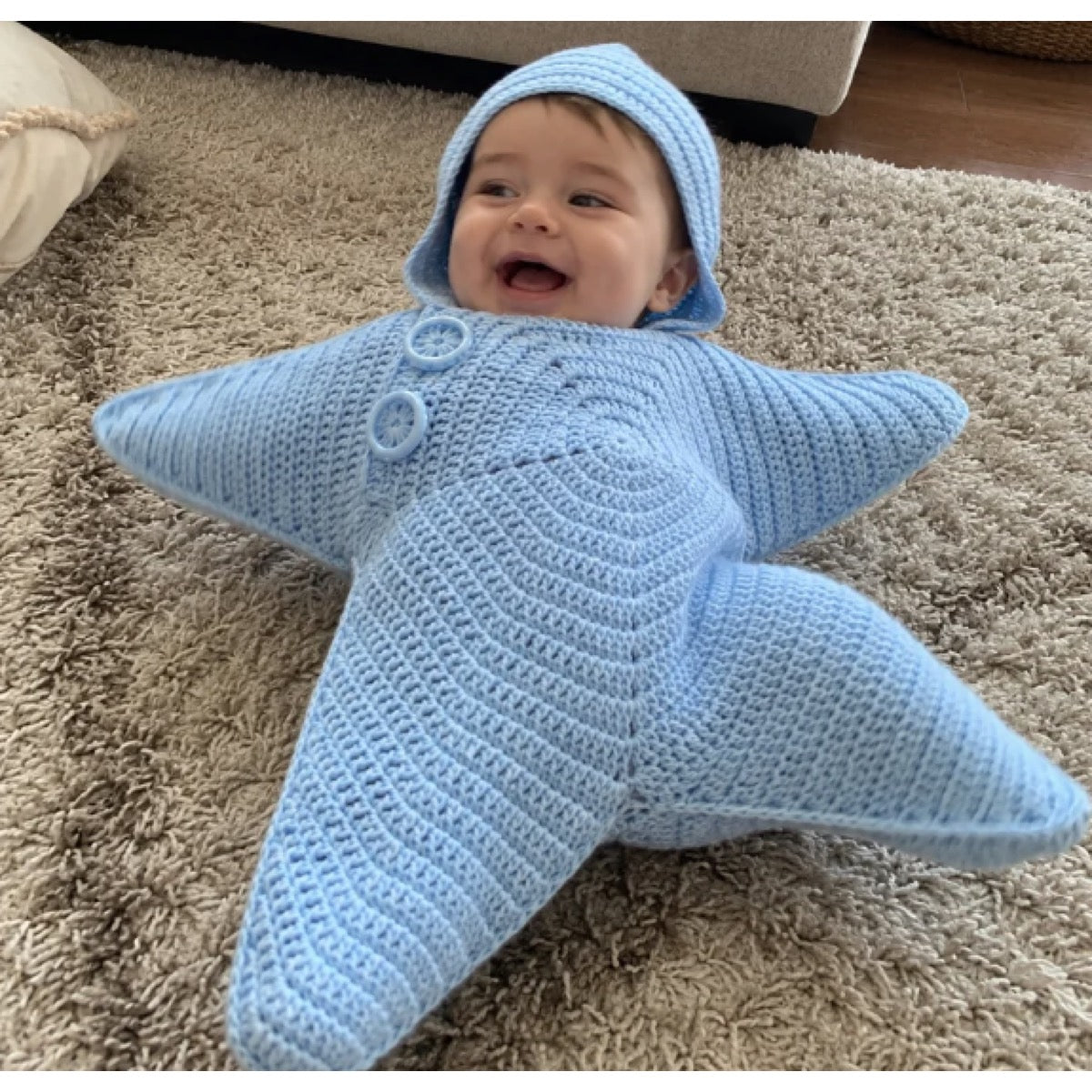 Hand-Crocheted Starfish Baby Onesie, Cozy Hooded Star Baby Dress for Photos
