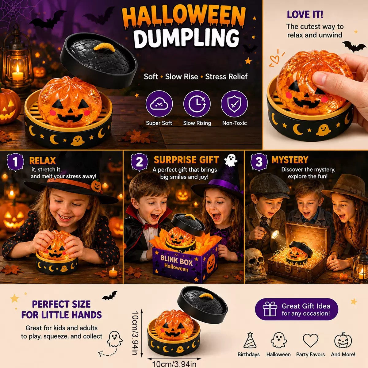 Halloween Dumpling Squishy Toy with Steamer-Style Storage Box, Slow-Rising Squeeze Toy, Spooky Sensory Party Favor & Gift