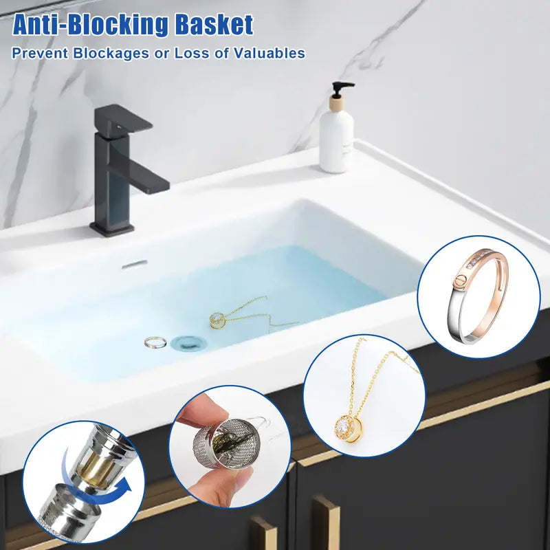 Sink Drain Filter with Stainless Steel Removable Basket, Pop-Up Drain Plug with Hair Collection Design, Bathroom Bathtub Drain Strainer for Preventing Blockages and Simplifying Maintenance