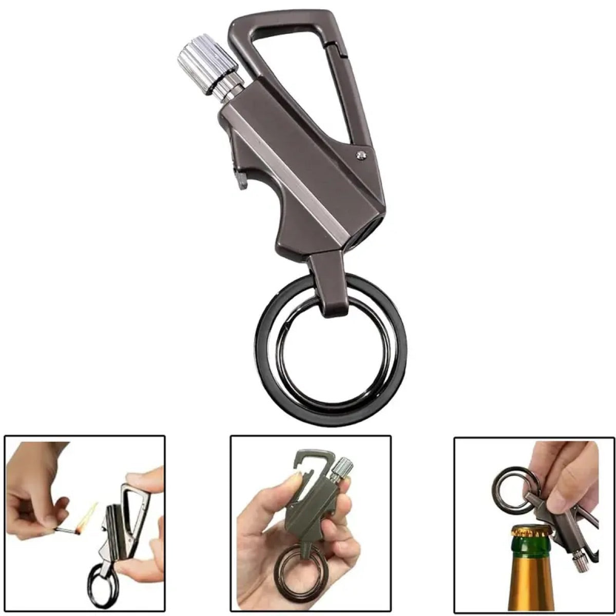 Porte-clés multi-outil 3 en 1 avec décapsuleur et allume-feu en métal