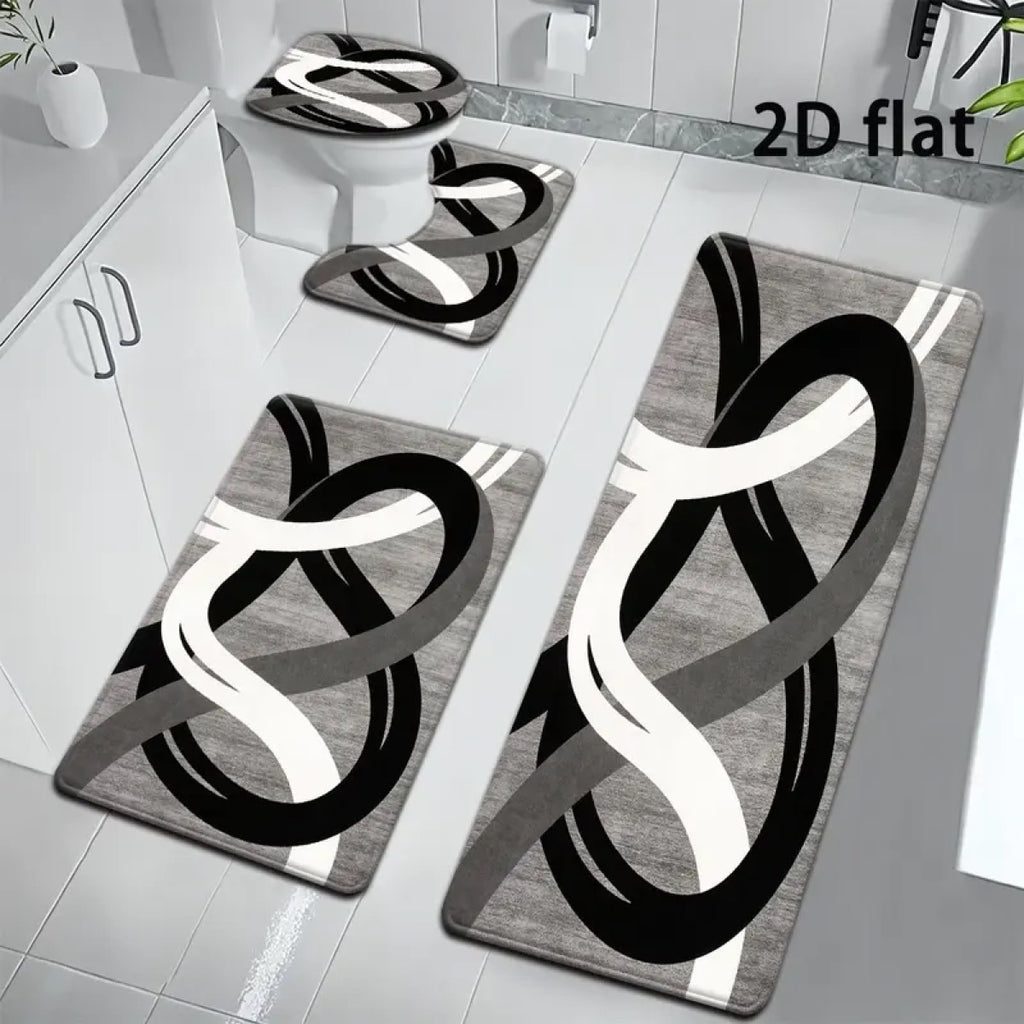 DearTex 4-Piece Flannel Bathroom Rug Set - Non-Slip & Absorbent (Grey/Black/White)