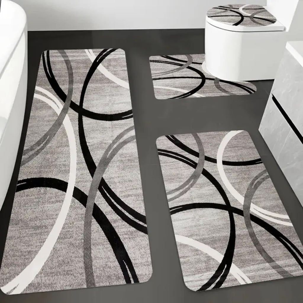 DearTex 4-Piece Flannel Bathroom Rug Set - Non-Slip & Absorbent (Grey/Black/White)