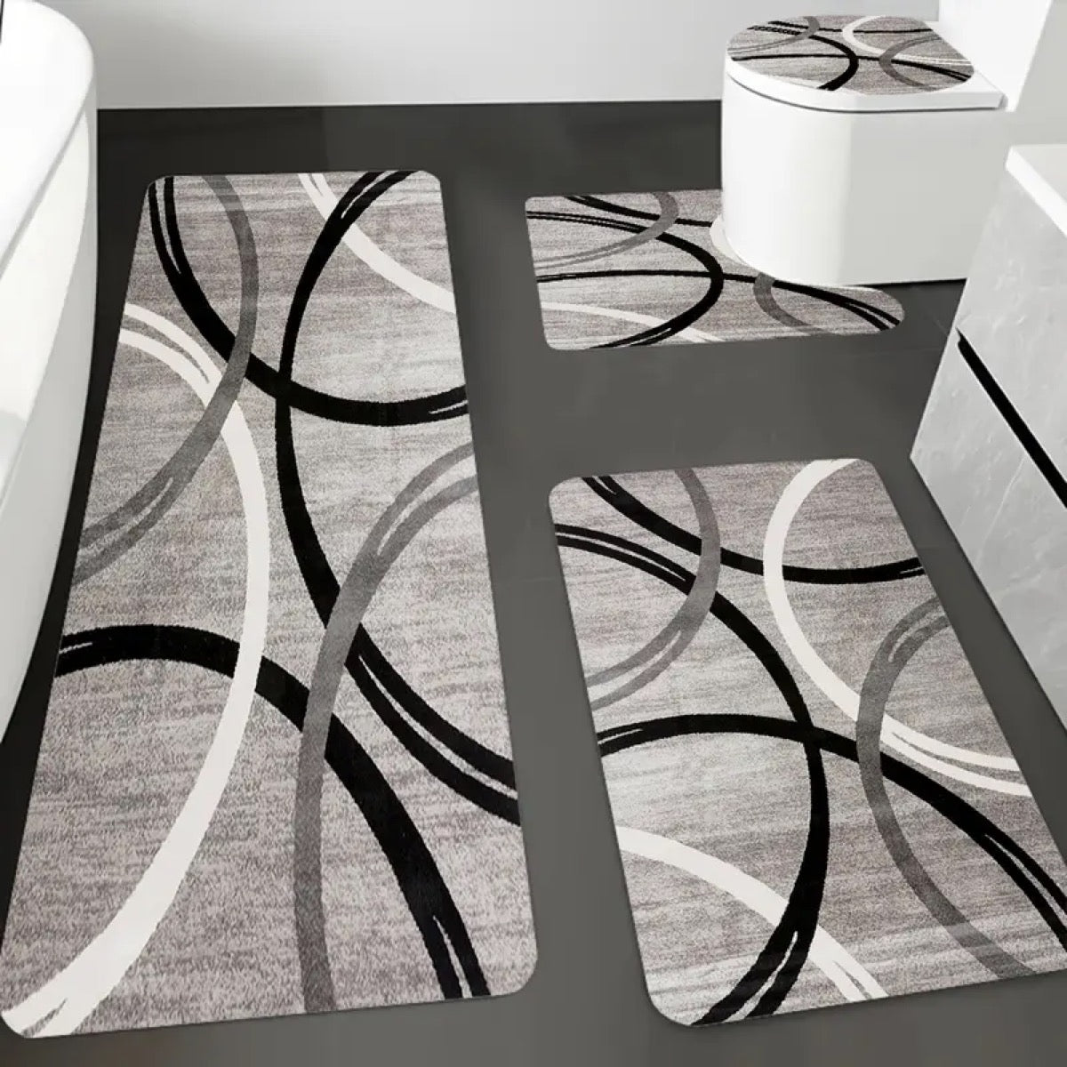 DearTex 4-Piece Flannel Bathroom Rug Set - Non-Slip & Absorbent (Grey/Black/White)