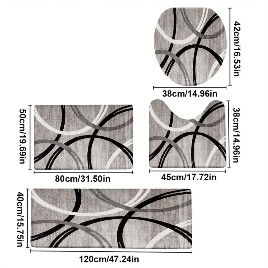 DearTex 4-Piece Flannel Bathroom Rug Set - Non-Slip & Absorbent (Grey/Black/White)