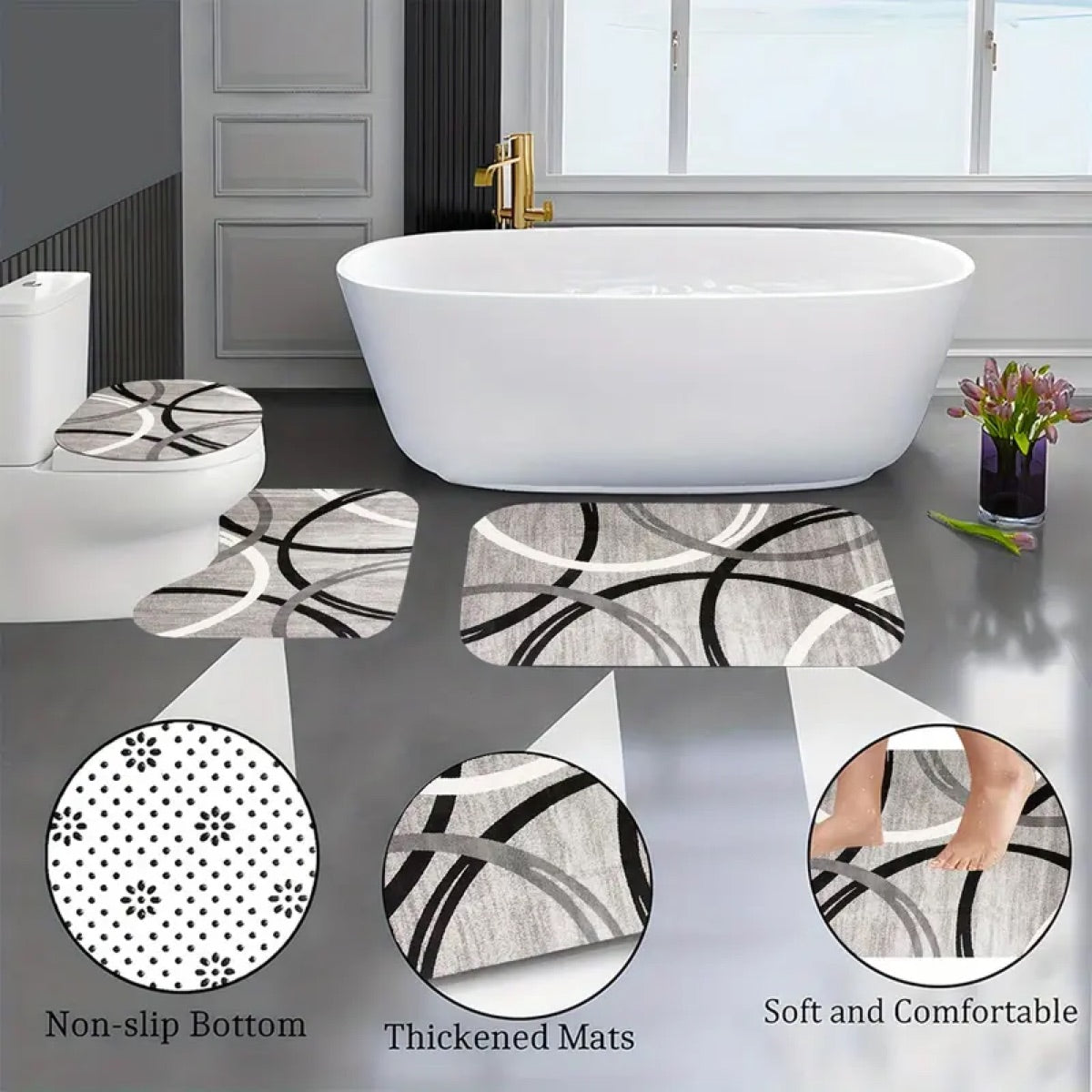 DearTex 4-Piece Flannel Bathroom Rug Set - Non-Slip & Absorbent (Grey/Black/White)